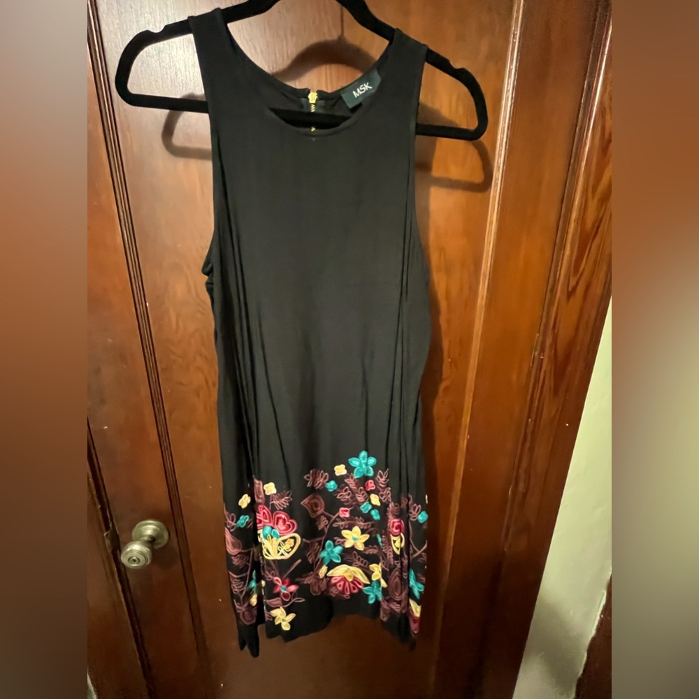 Simple Black Shift Dress with Beautifully Embroidered Floral Front Skirt